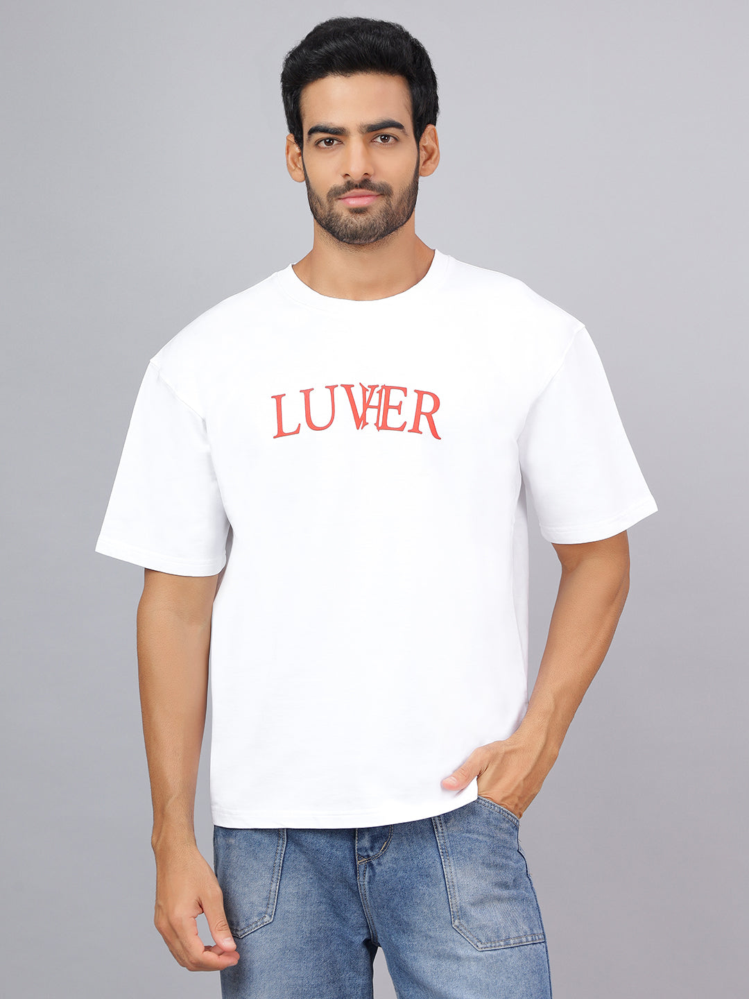 Man wearing a white t-shirt with 'LUVIER' printed in red on a gray background